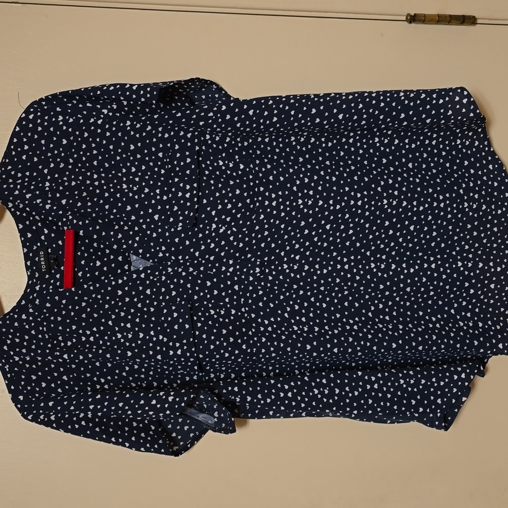 Torrid Heart Print Blouse Navy Blue/White Silky Pocket Short Sleeve 1 1X 14/16